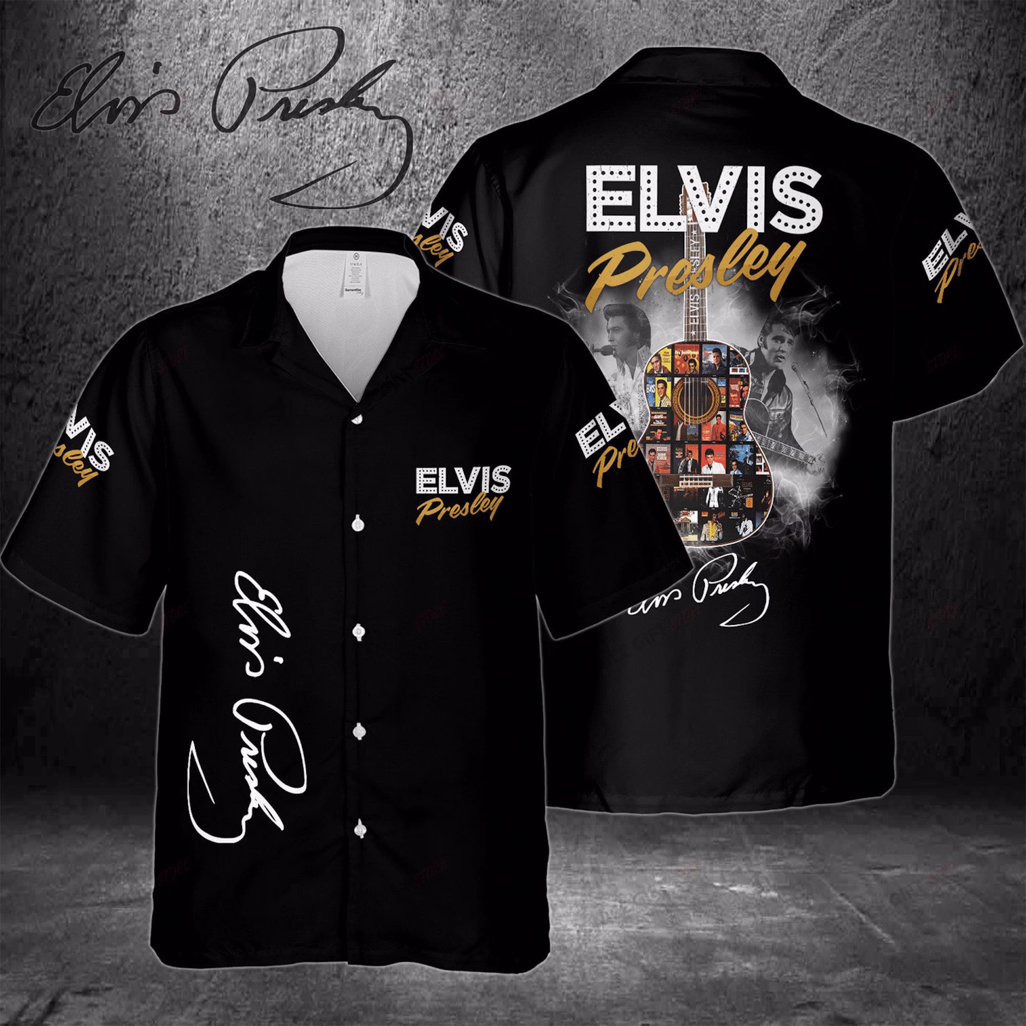The King Elvis Presley Guitar Collage Hawaiian Shirt